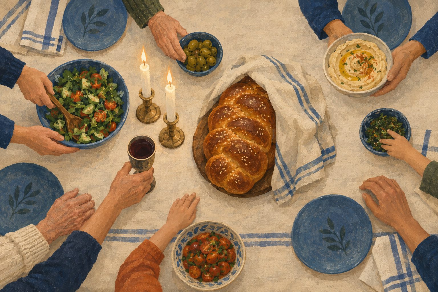 Hands of several generations passing dishes around a Friday night dinner table with challah and candles