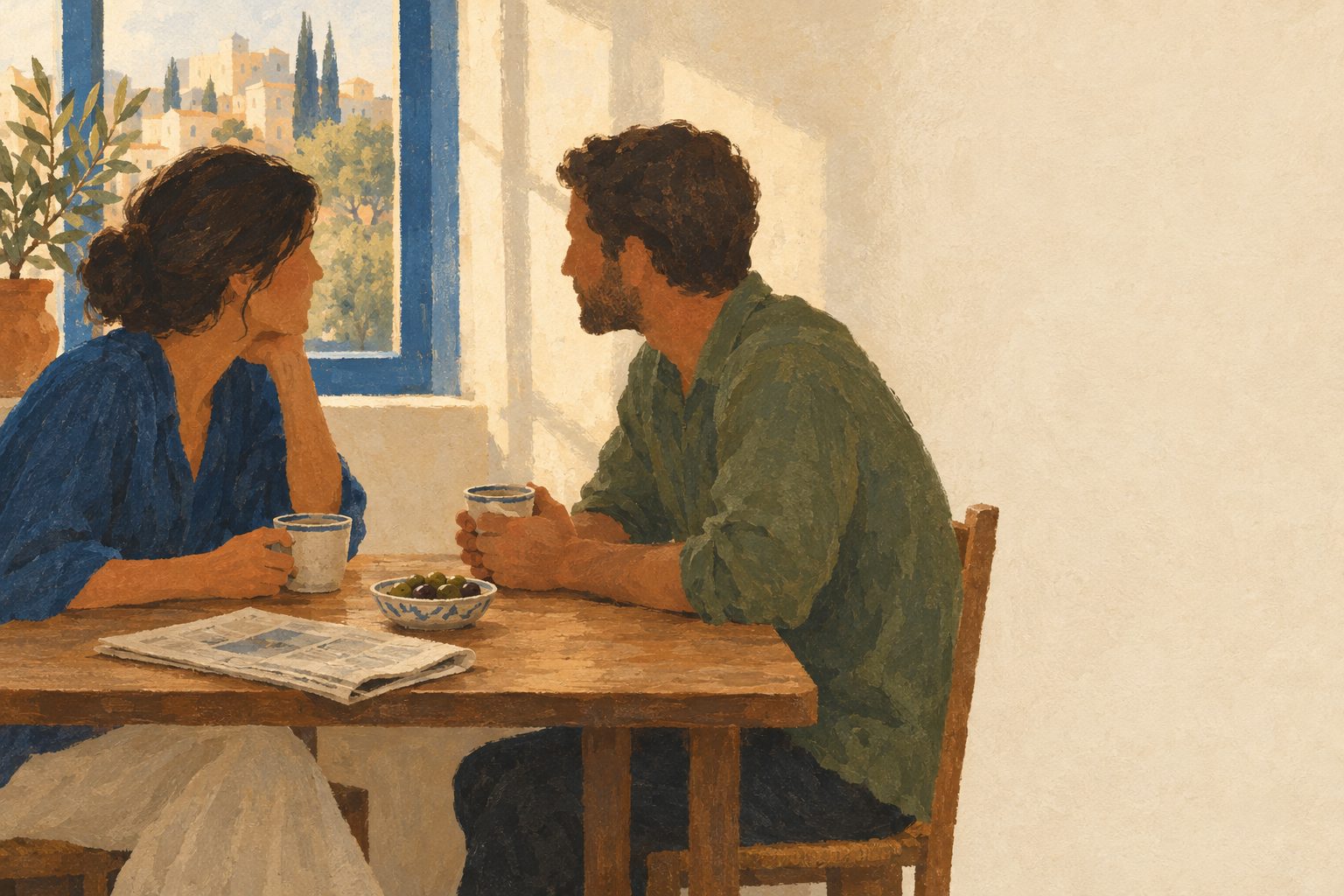 Two people talking across a kitchen table with coffee and a folded newspaper in afternoon light