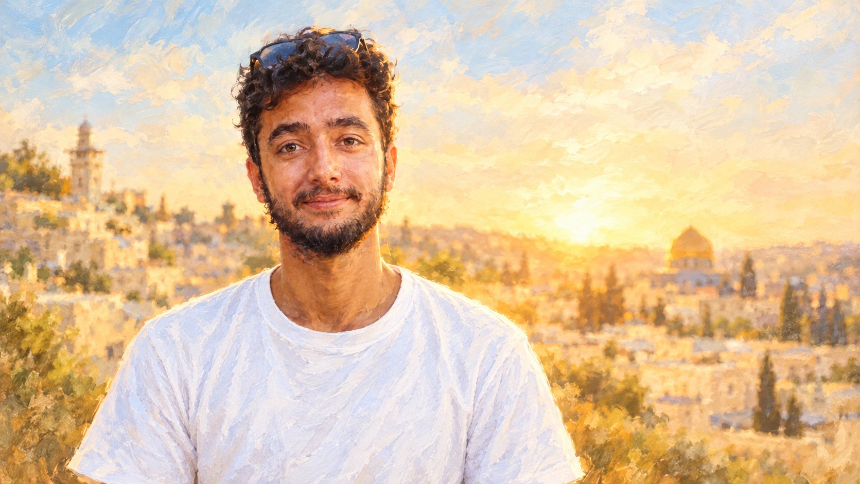 Retrato pintado de Hersh Goldberg-Polin sonriendo, con las gafas de sol sobre el pelo rizado y la Ciudad Vieja de Jerusalén iluminada por el atardecer detrás de él