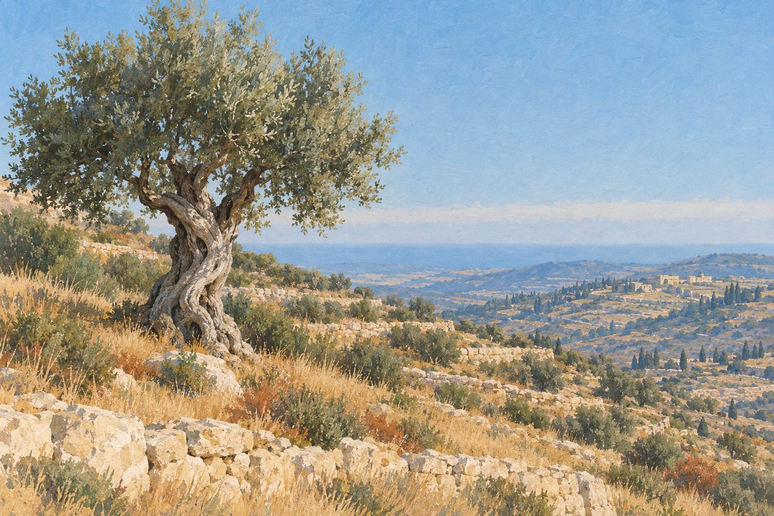 An old olive tree on a terraced limestone hillside