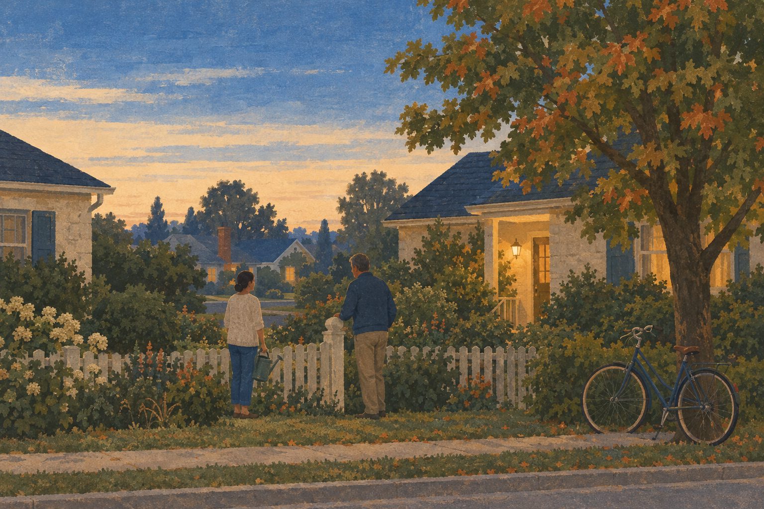 Two neighbors talking at a garden fence at dusk as a porch light comes on